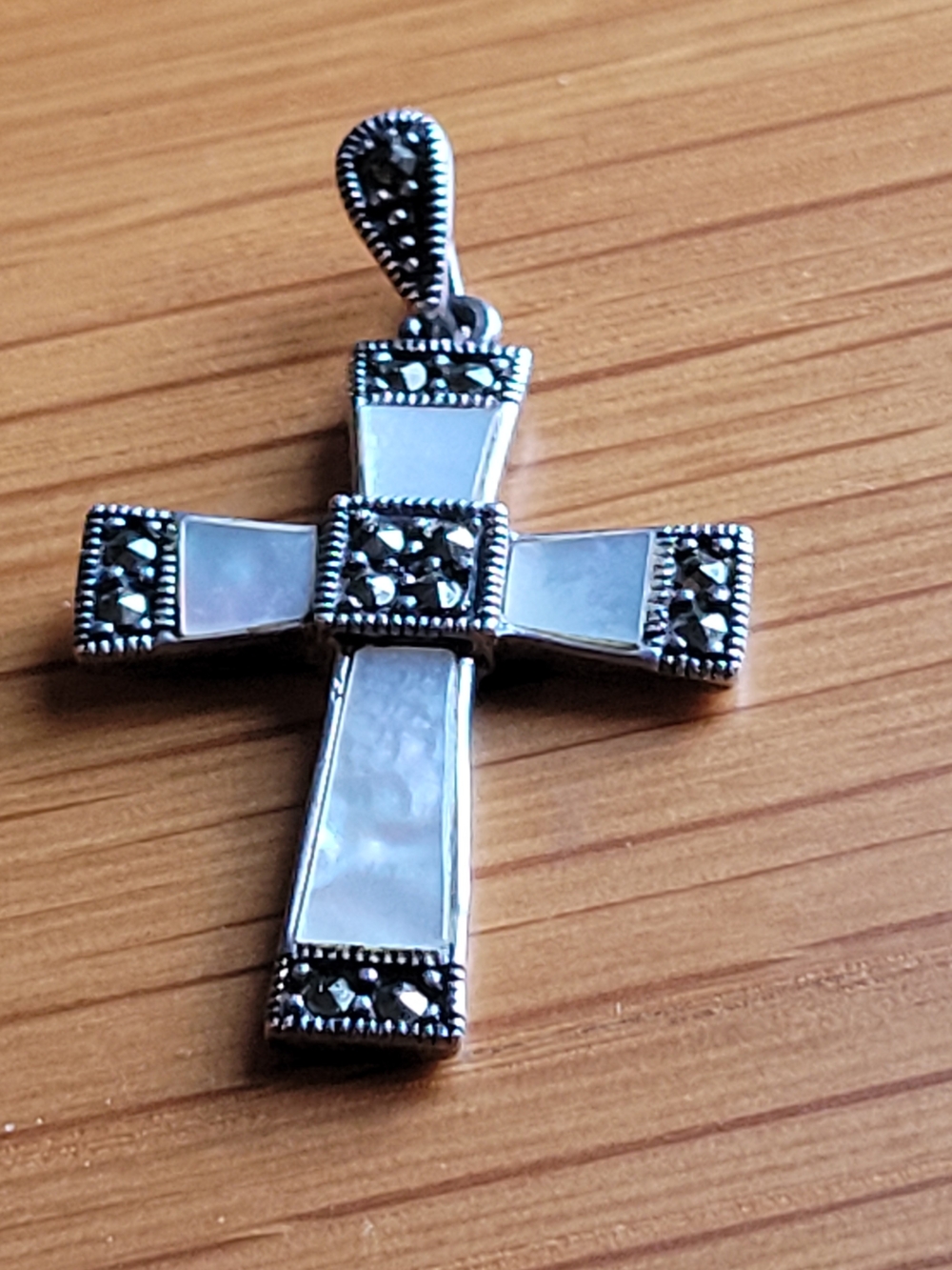 Sterling Silver Mother-of-Pearl and Marcasite Cross Pendant — White